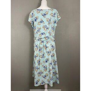Lands End Dress 1X 16-18 W Cap Sleeve Twist Knot Jersey Knit Stretch Blue Floral